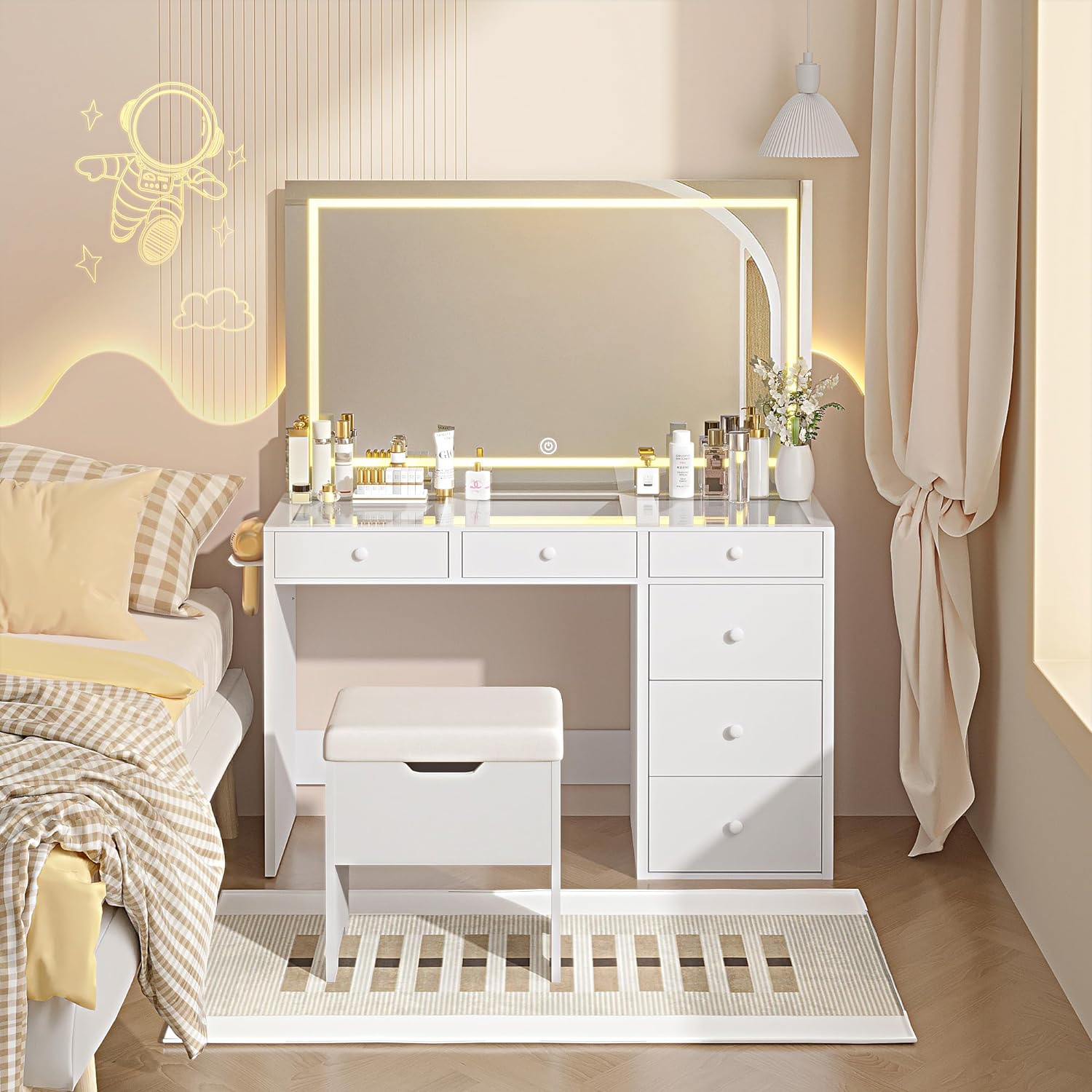 Vanity Desk Set with Adjustable LED Lighted Mirror & Power Outlet