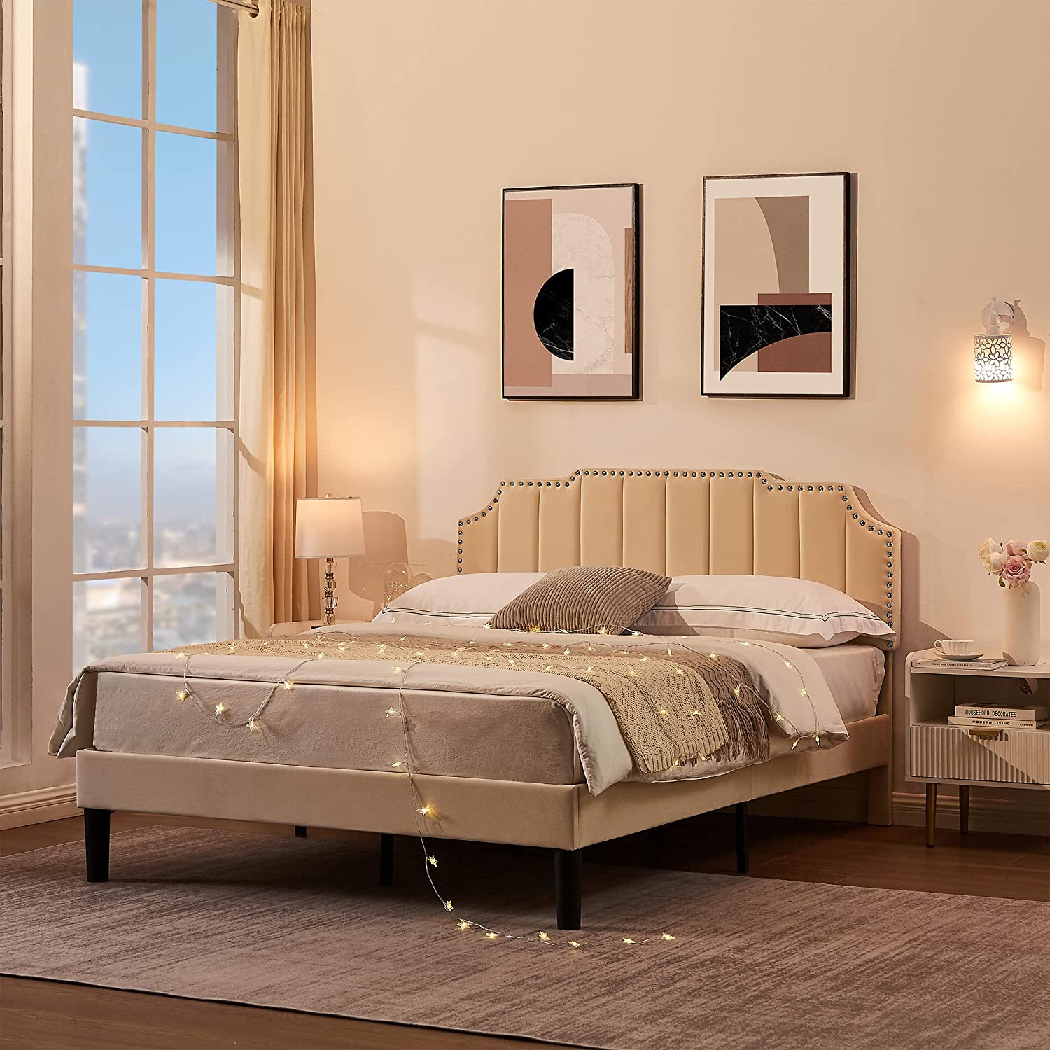 Upholstered Platform Bed Frame with Tufted Adjustable Headboard