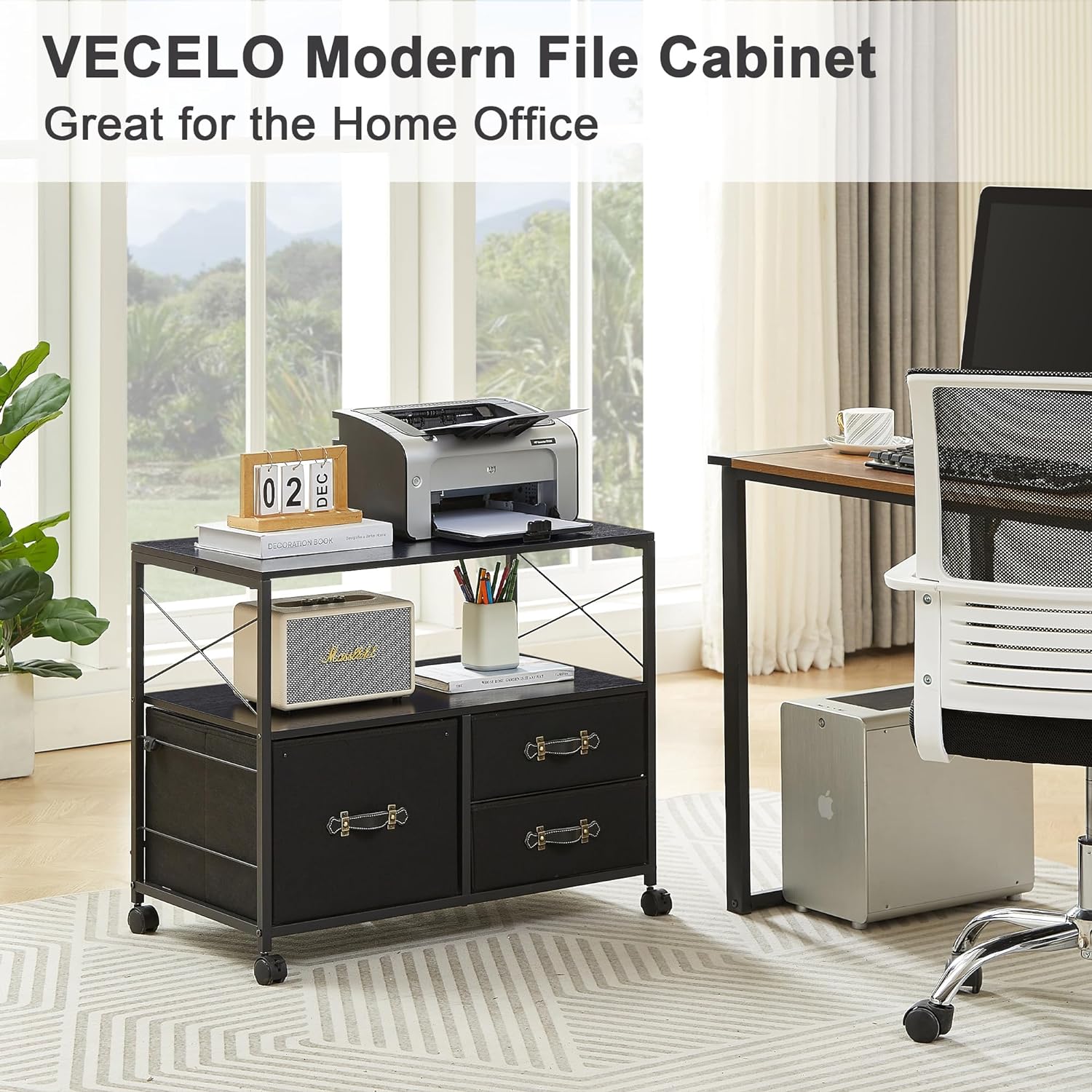 VECELO 3 Drawer Lateral File Cabinet, Rolling Printer Stand with Open Storage Shelf