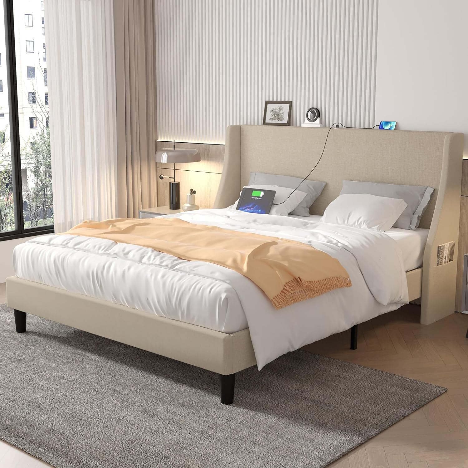 VECELO Bed Frame with Upholstered Wingback Headboard