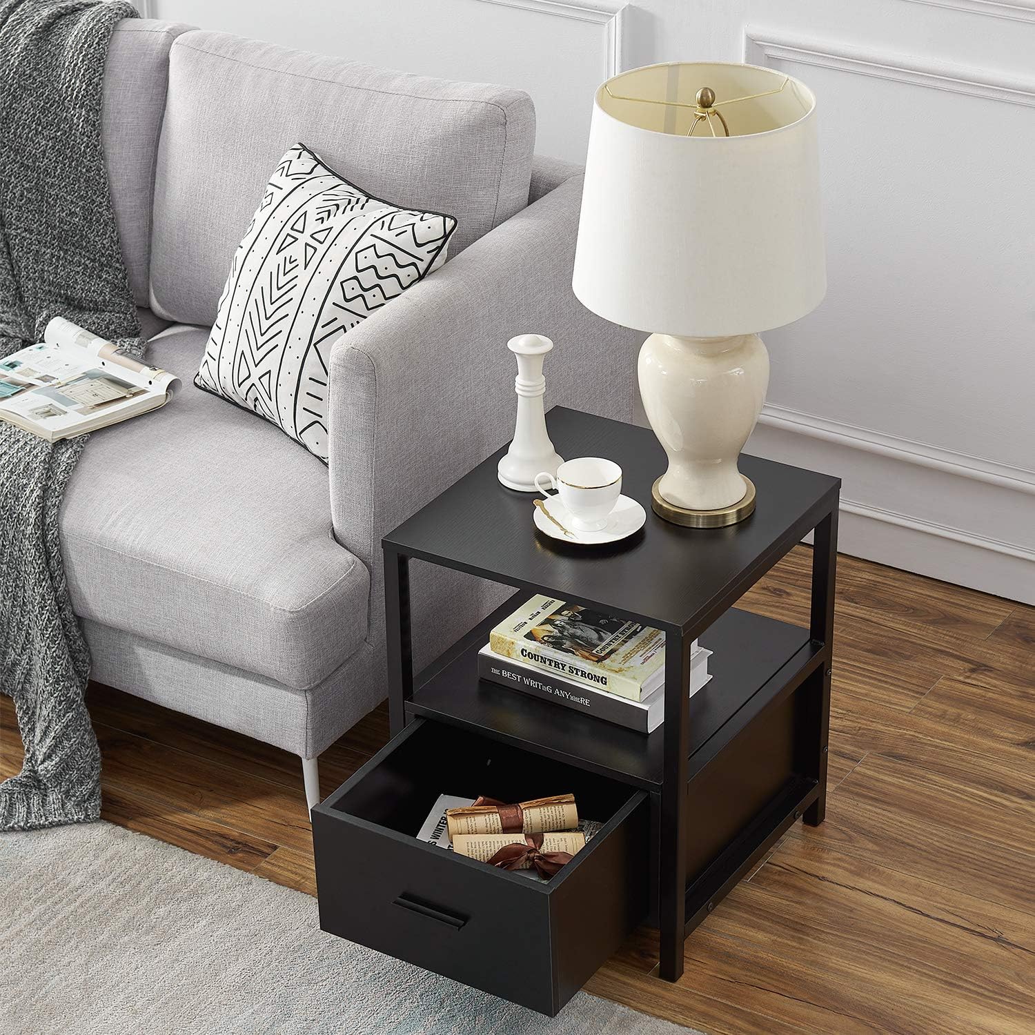 VECELO Nightstand/End/Bedside Table with Storage Drawer and Open Shelf with Steel Frame for Bedroom