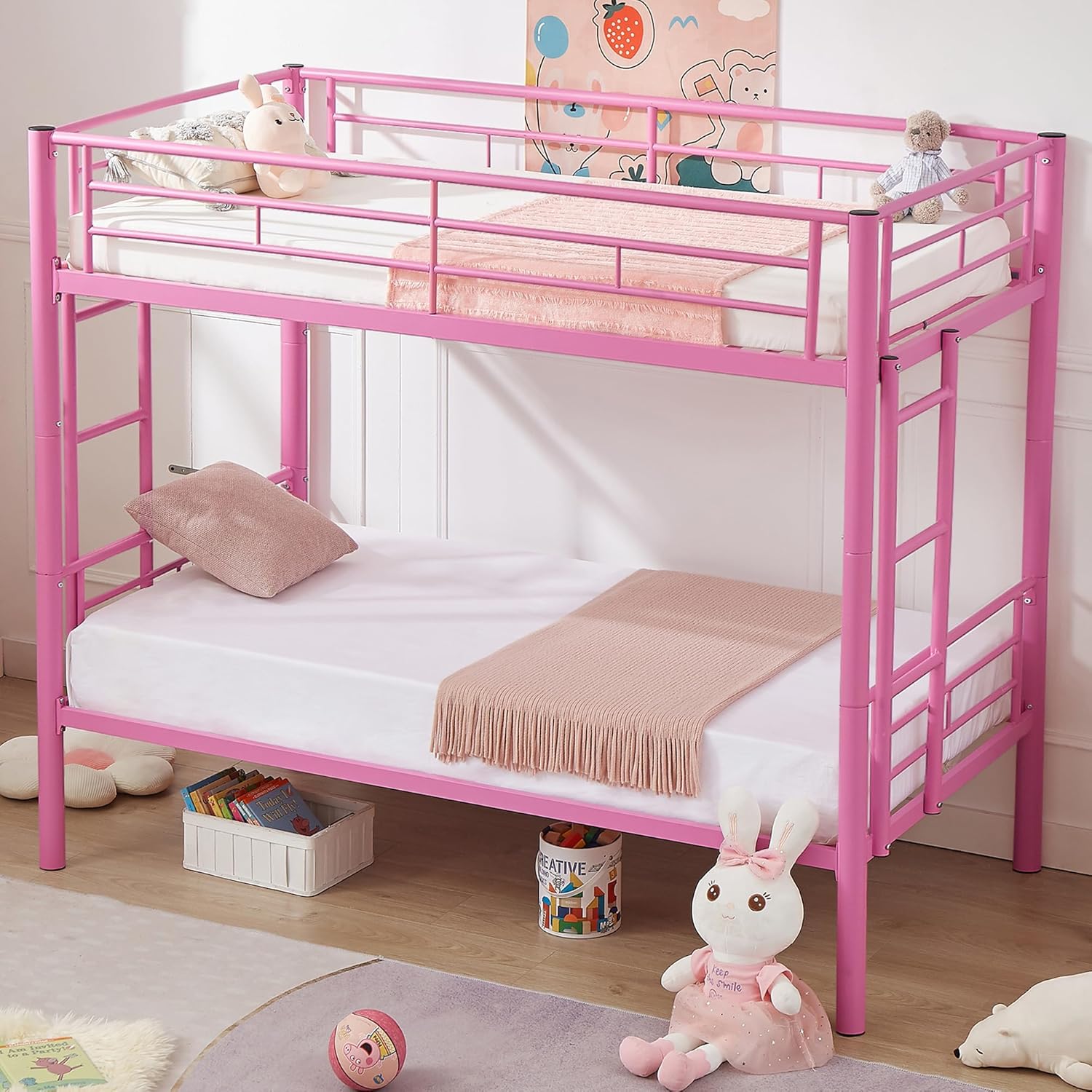 VECELO Metal Bunk Bed Twin Over Twin, Industrial Bunkbeds with Ladder and Full-Length Guardrail