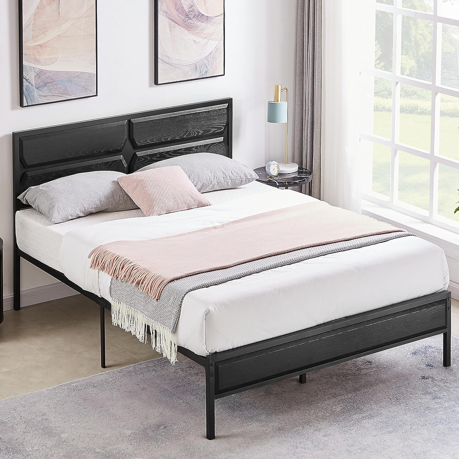 VECELO Metal Bed Frame Platform with Wooden Headboard&Footboard Mattress Foundation