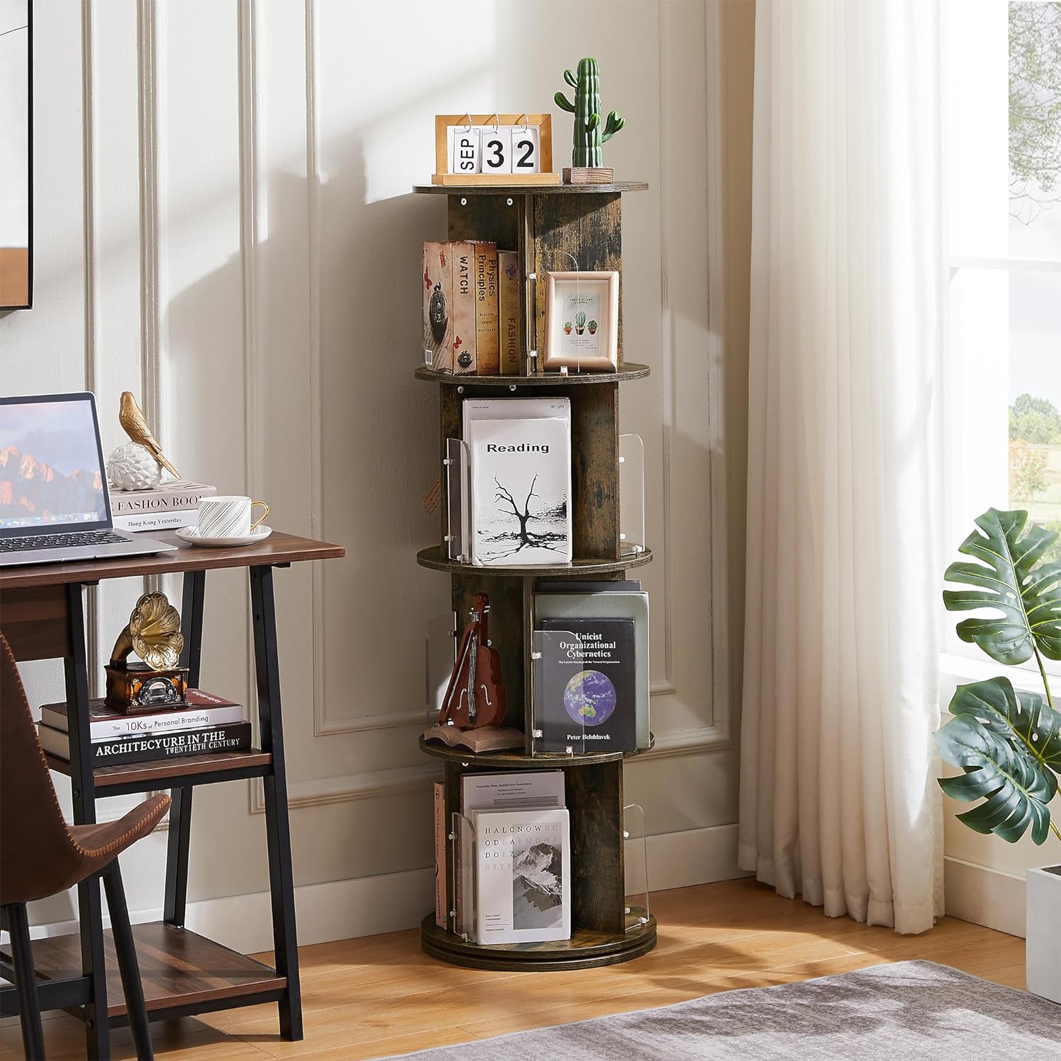 VECELO Rotating Bookshelf with Acrylic Display Window Partition