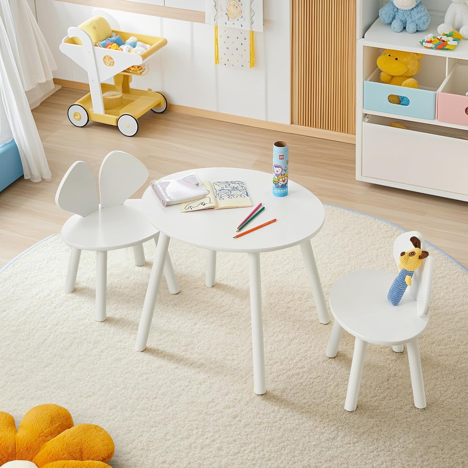 VECELO Kids Table and Chairs Set, Oval Tabletop and 2 Rabbit Chairs