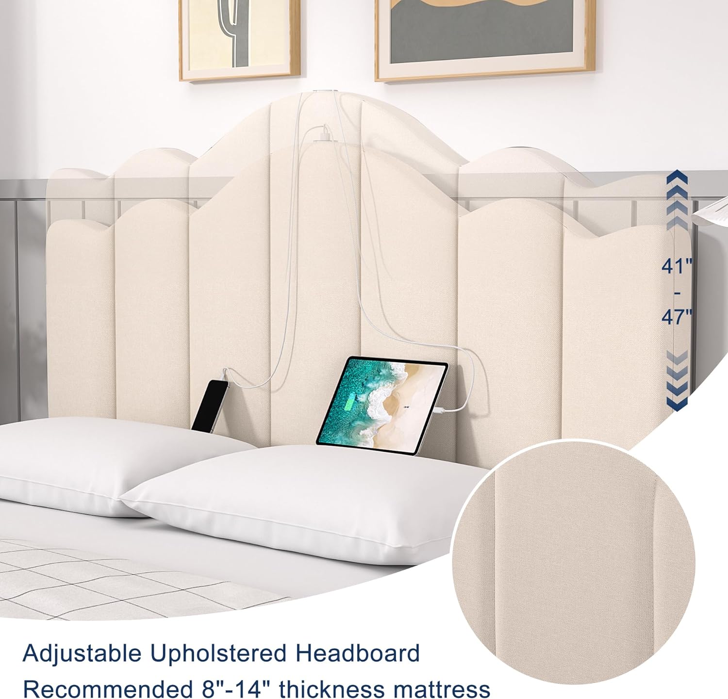 VECELO Upholstered Platform Bed Frame with Type-C & USB Charging Stations