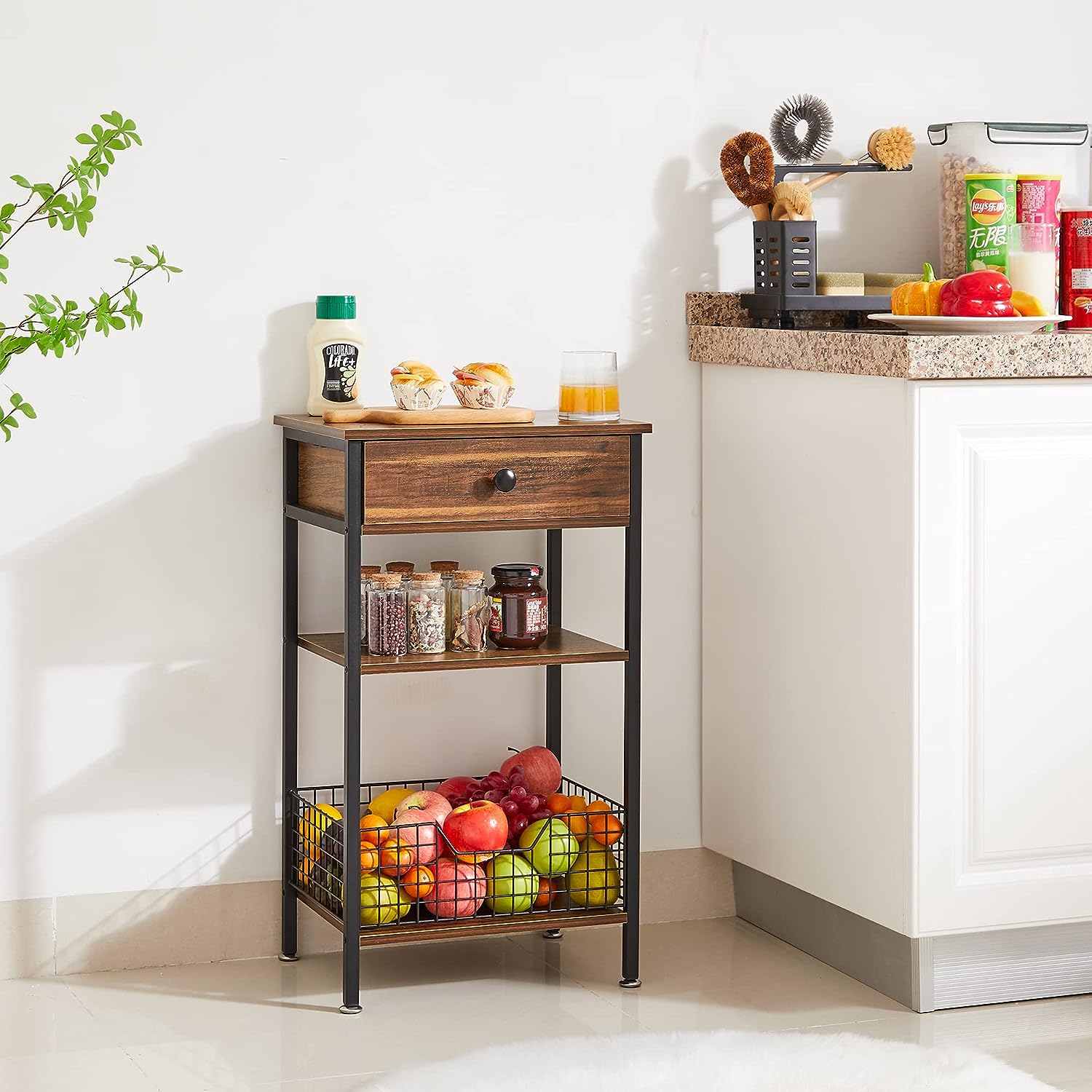VECELO Versatile 27.6” Tall Nightstand/Side/Sofa Table with 2-Tiers Storage Shelves and Drawer
