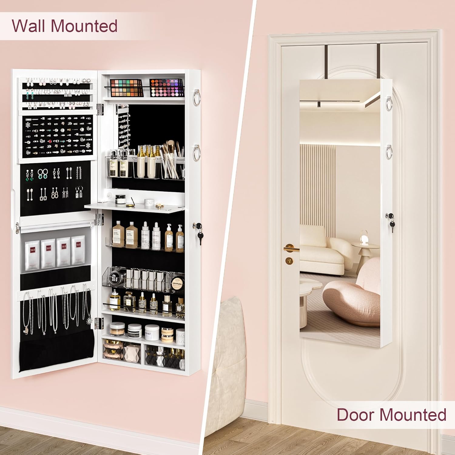 VECELO LED Mirror Jewelry Cabinet