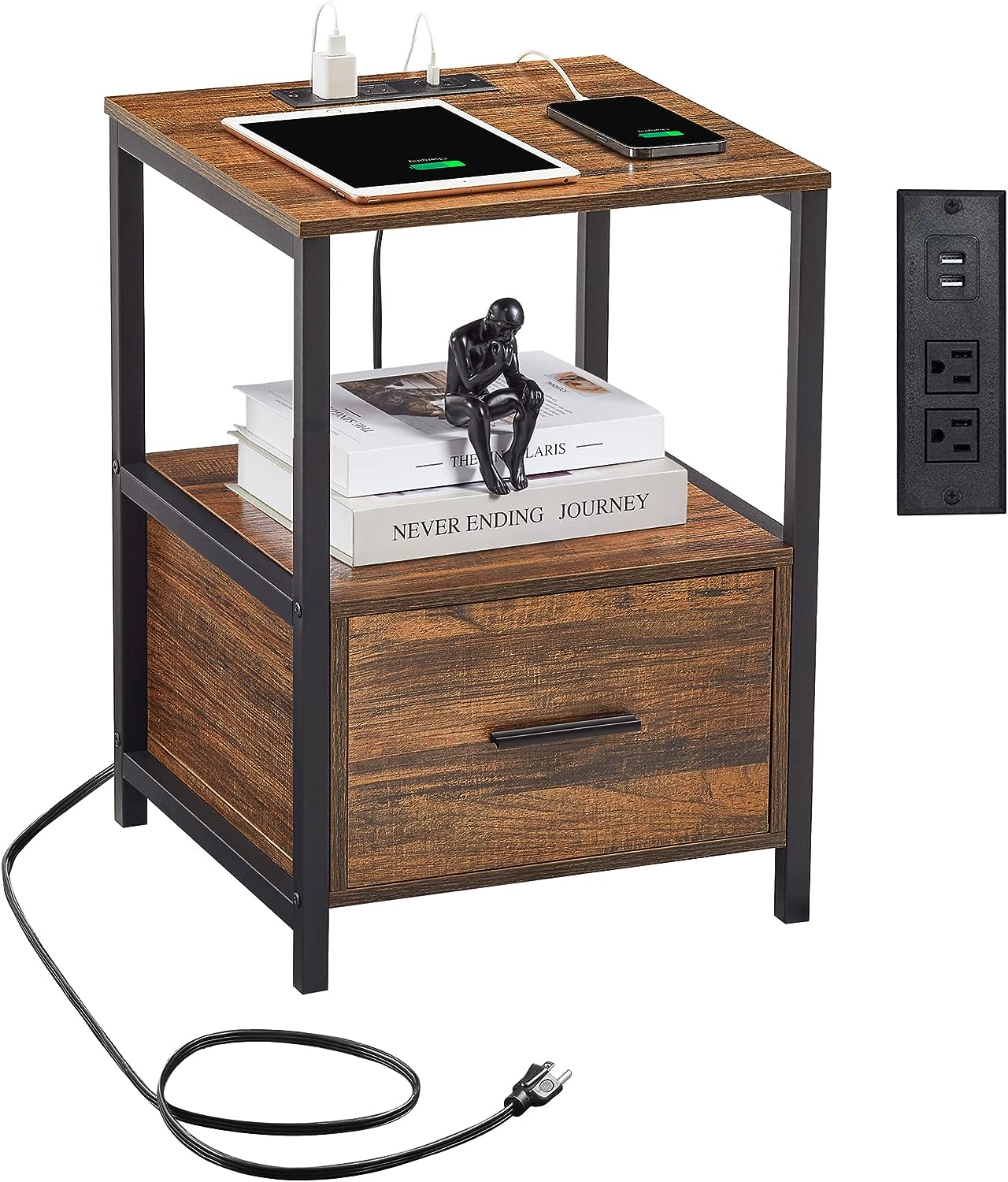 VECELO Nightstand with Charging Station and USB Ports End/Side Table with Storage Drawer
