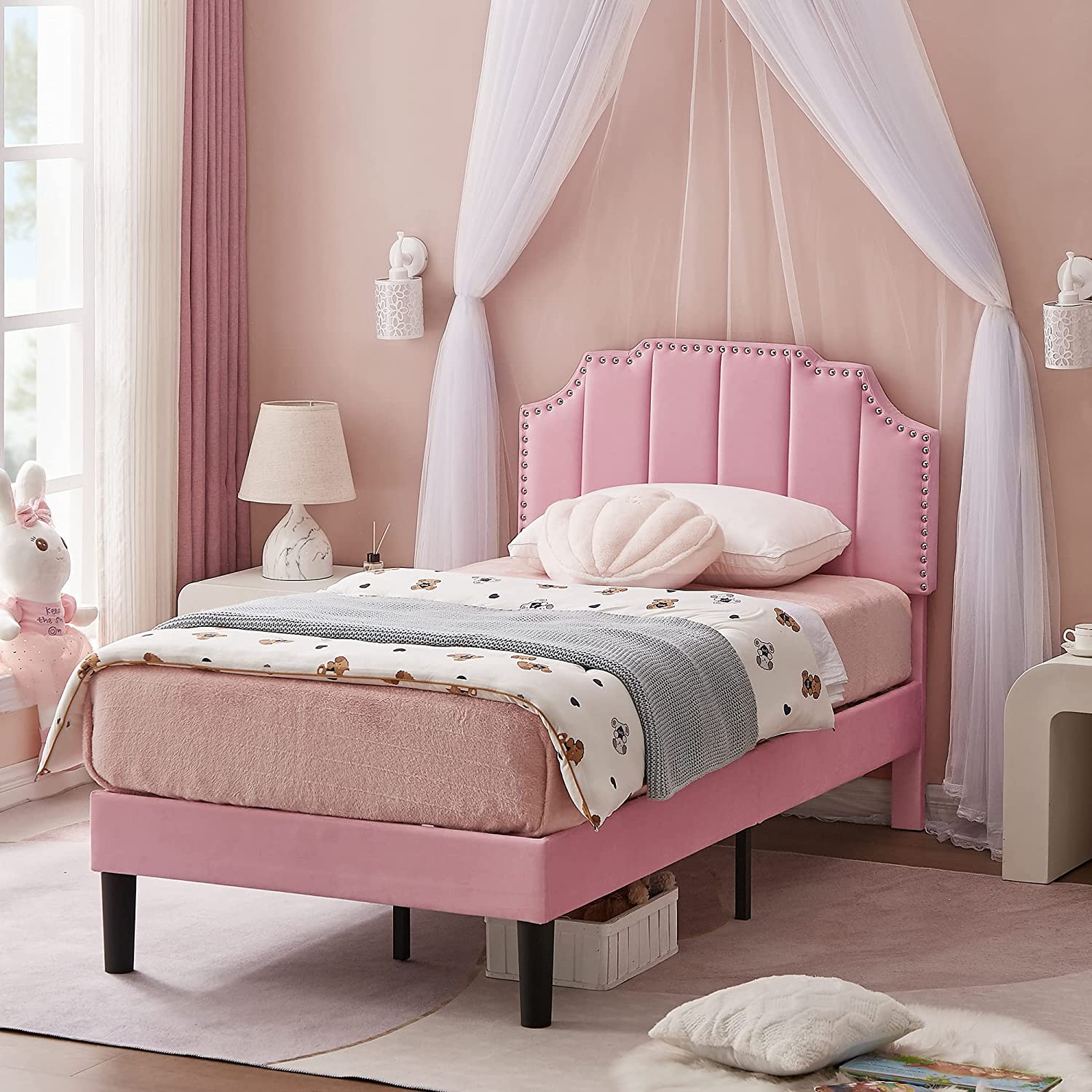 Upholstered Platform Bed Frame with Tufted Adjustable Headboard