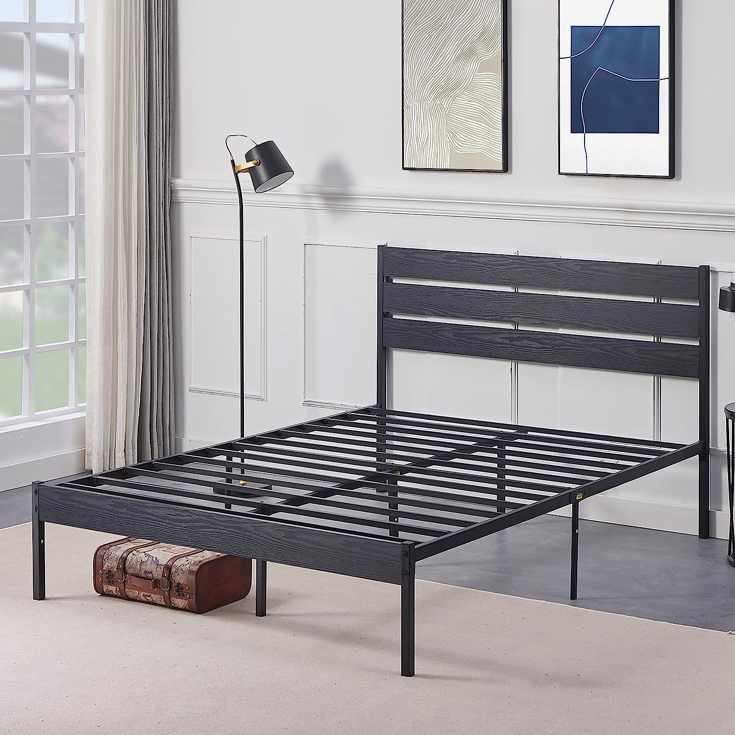 VECELO Platform Bed Frame with Rustic Vintage Wood Headboard/Strong Metal Slats Support