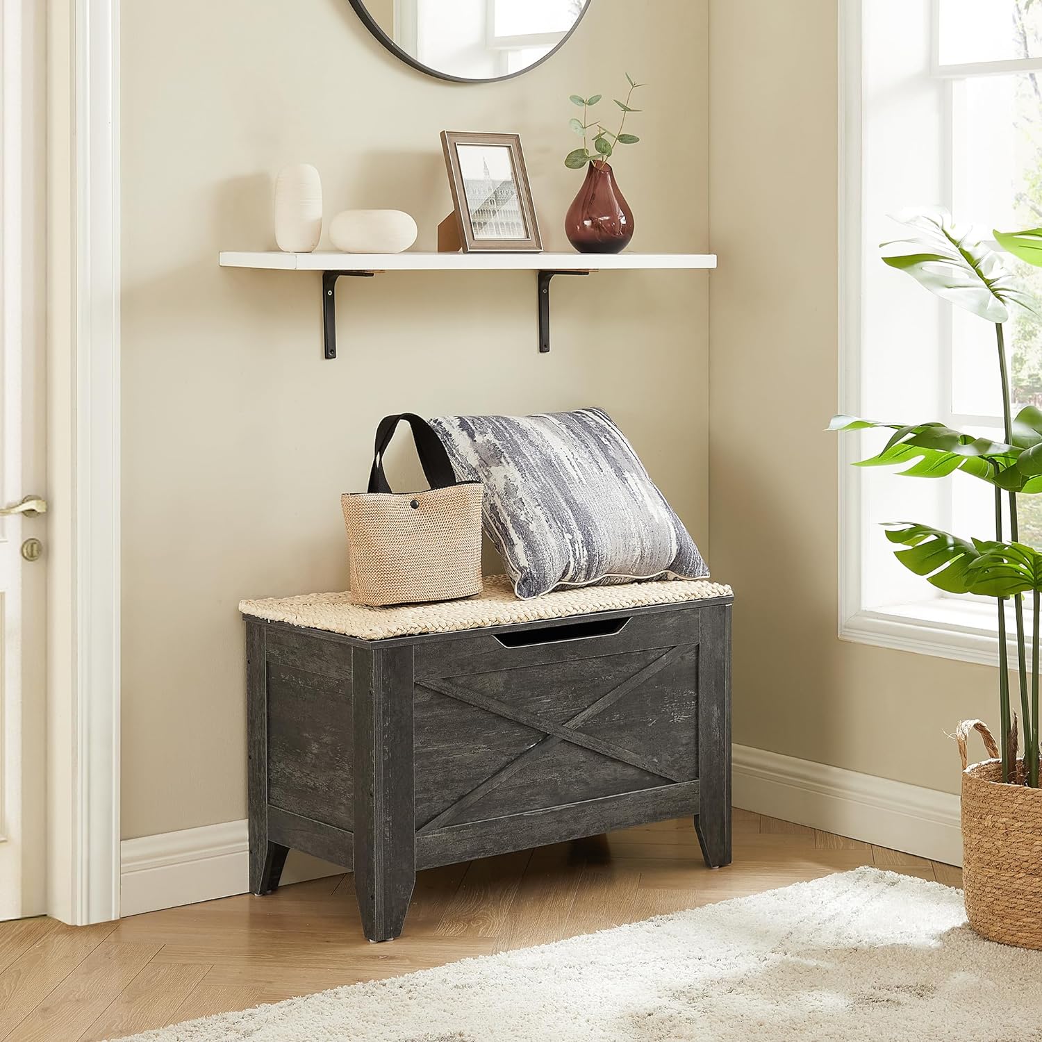 VECELO Storage Shoe Bench Industrial Barn-Door Style Toy Chest Cabinet with Safety Hinges Knotcushion