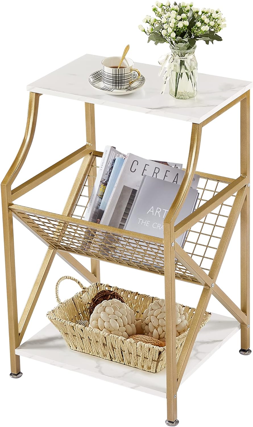 VECELO 3-Tier End Table with Storage Magazine Holder