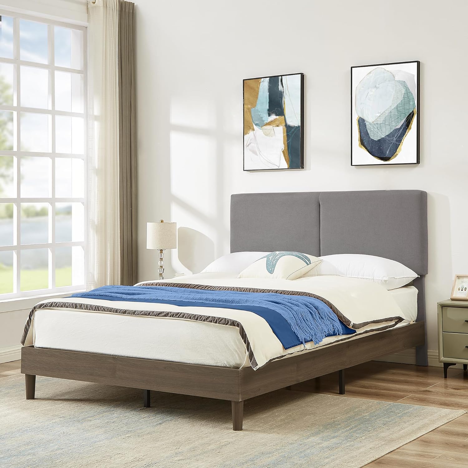 VECELO Upholstered Platform Bed Frame with Height-Adjustable Cotton and Linen Headboard