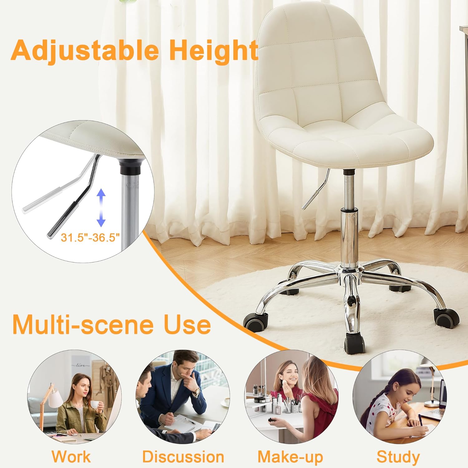 VECELO Modern Armless Home Office Desk Chair, Height Adjustable, PU Leather 360 Degree Swivel with Wheels