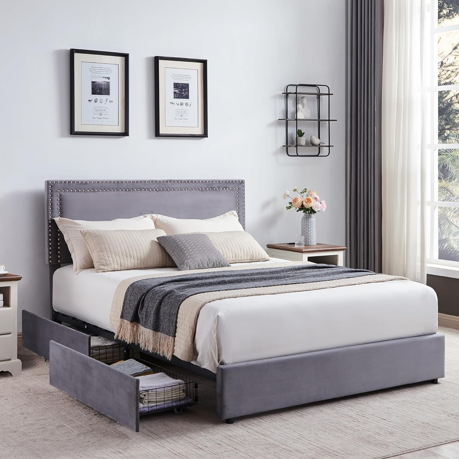 VECELO Upholstered Platform Bed Frame Platform with 4 Storage Drawers