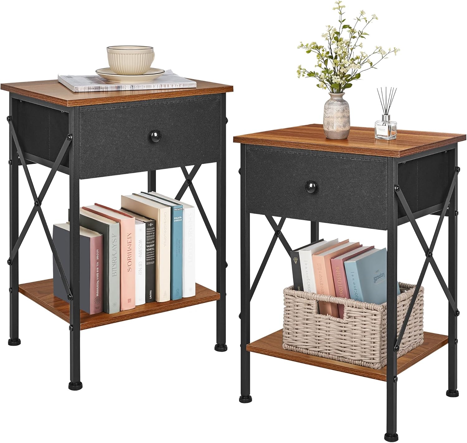 VECELO Nightstand Set of 2, X-Design End Side Table with Fabric Storage Drawer and Open Shelf