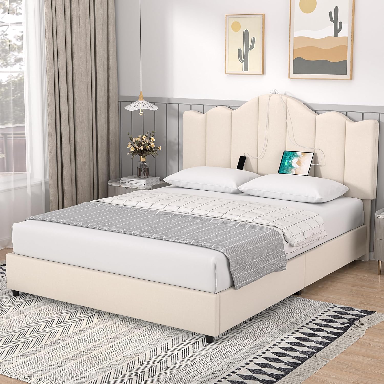 VECELO Upholstered Platform Bed Frame with Type-C & USB Charging Stations