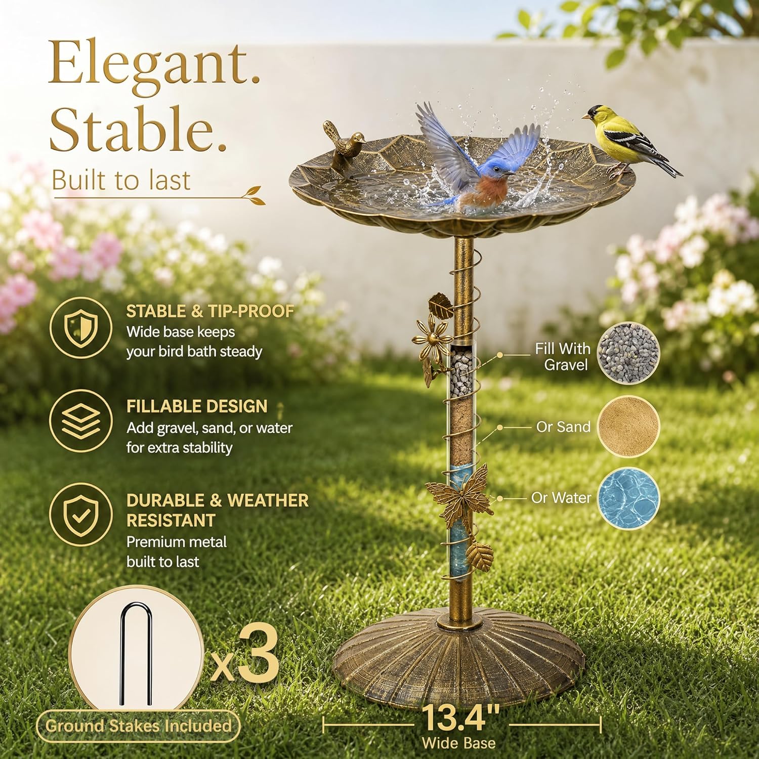 VECELO Antique Gold Metal Bird Bath for Outside