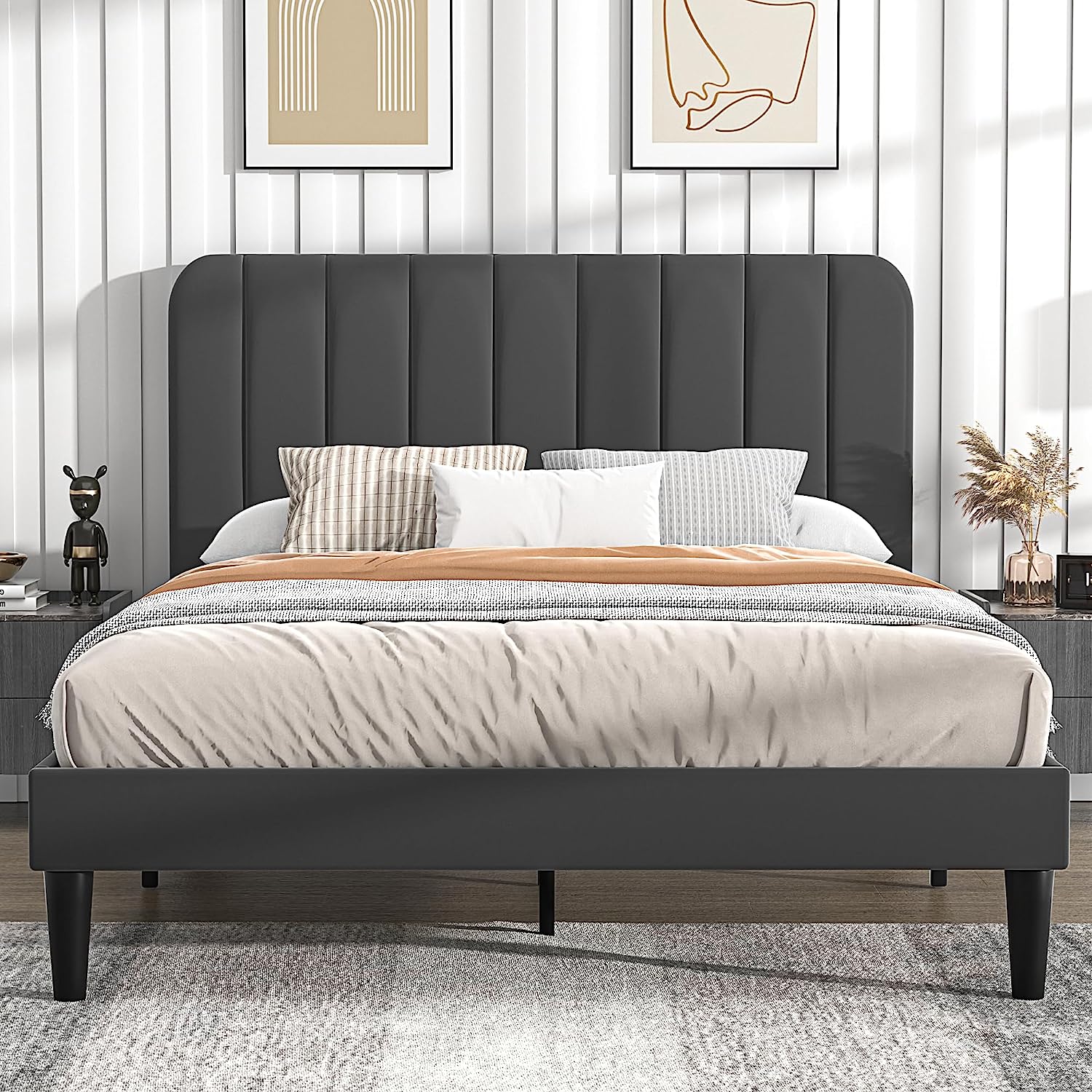 VECELO Upholstered Platform bedframe with Adjustable Headboard