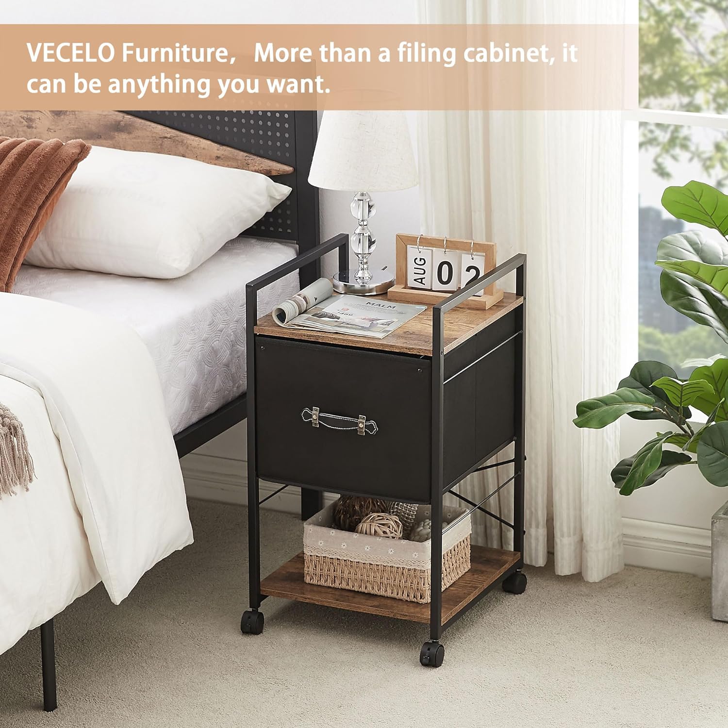 VECELO Mobile Vertical Filing Cabinet, Rolling Printer Shelf with Handle