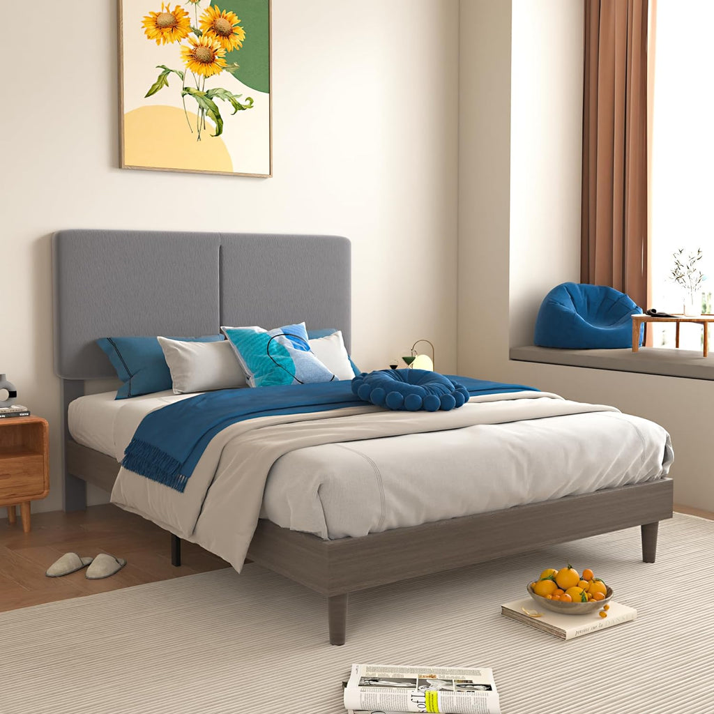 VECELO Upholstered Platform Bed Frame with Height-Adjustable Cotton an