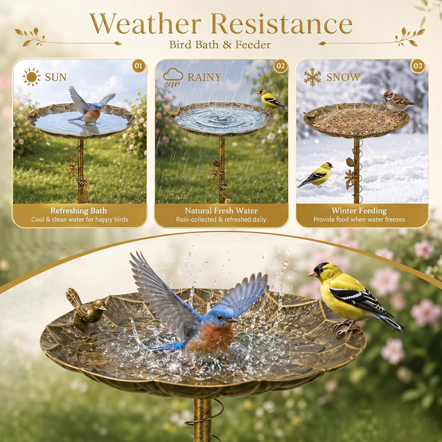 VECELO Antique Gold Metal Bird Bath for Outside