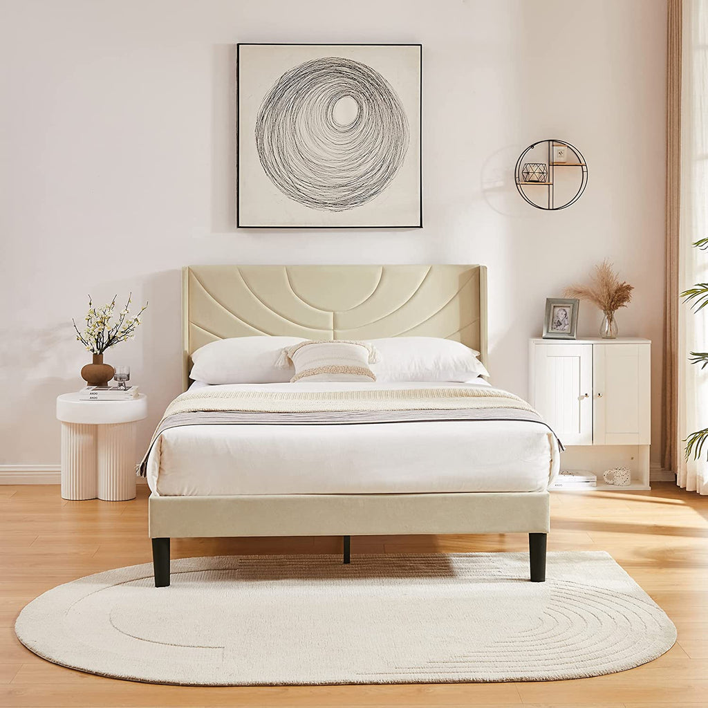 Vecelo Upholstered Platform Bed Frame With Headboard - Twin/Full/Queen, Wooden Slats