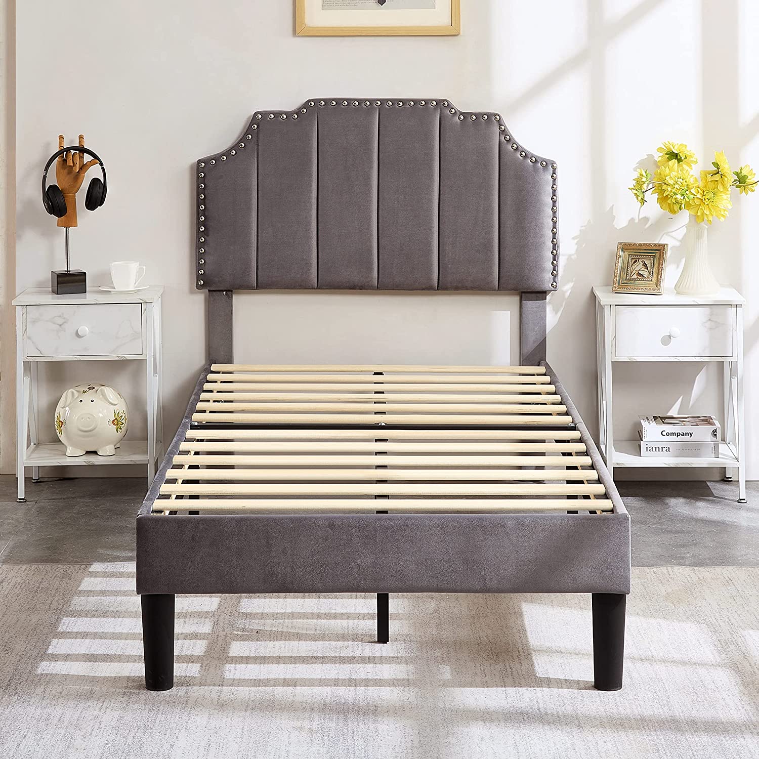 Upholstered Platform Bed Frame with Tufted Adjustable Headboard