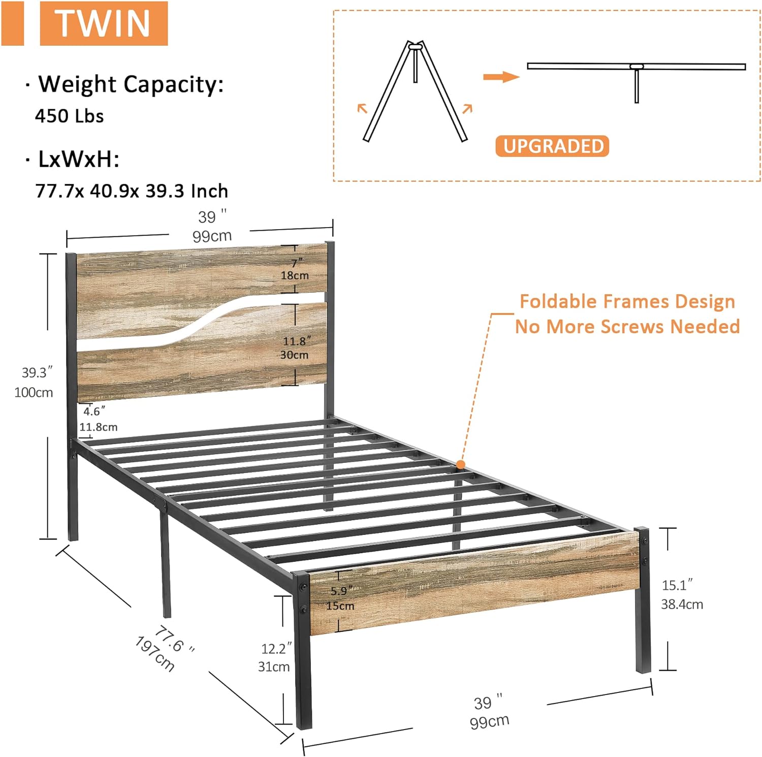 VECELO Platform Bed Frame with Rustic Vintage Wood Headboard/Strong Metal Slats Support