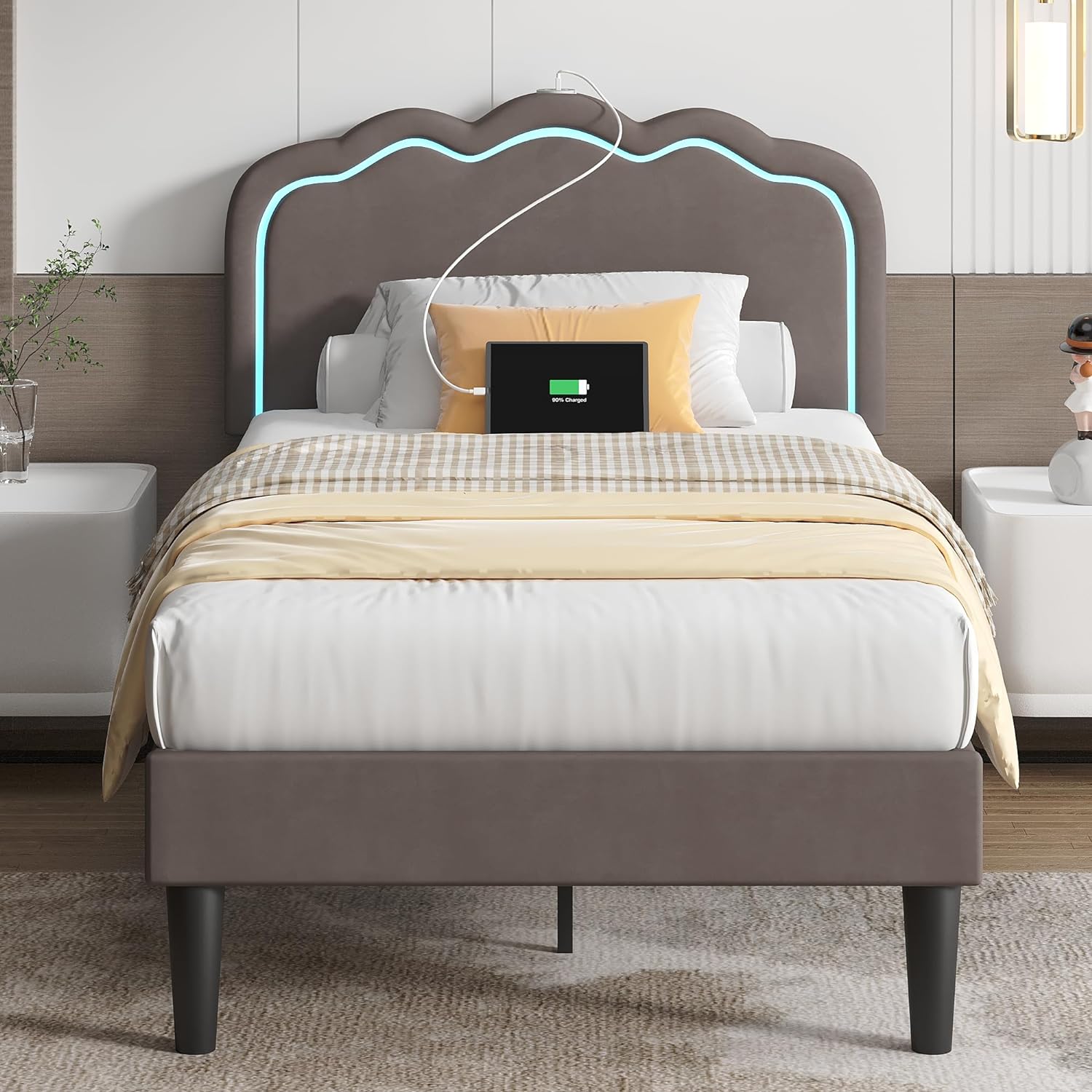 VECELO Upholstered Velvet Platform Bed Frame with Headboard Adjustable, LED Lights, USB-A & Type-C