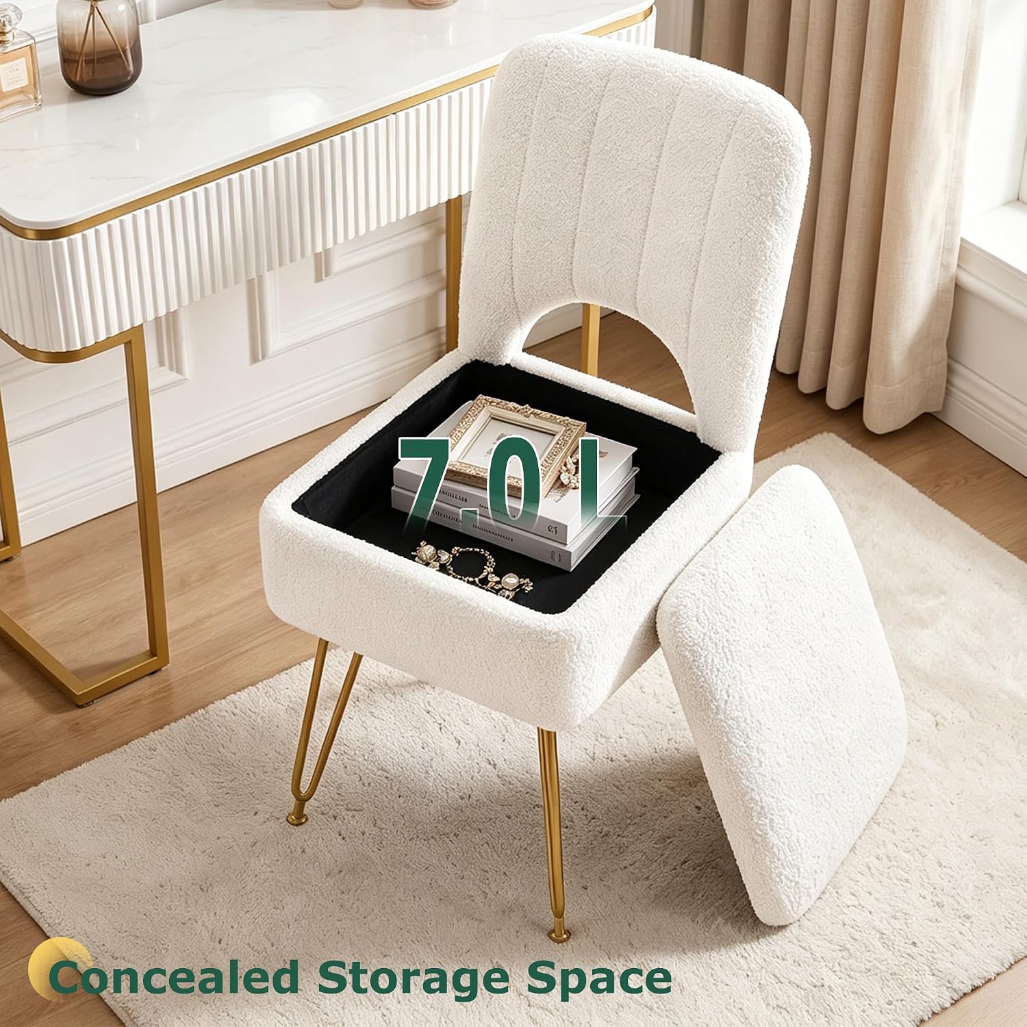 VECELO Vanity Stool Chair with Storage and Folding Back