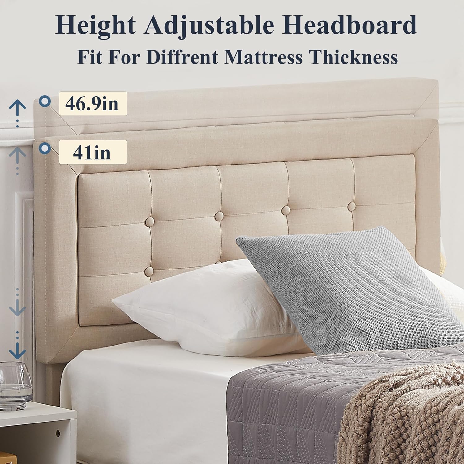 VECELO Upholstered Platform Bed Frame with Height Adjustable Headboard