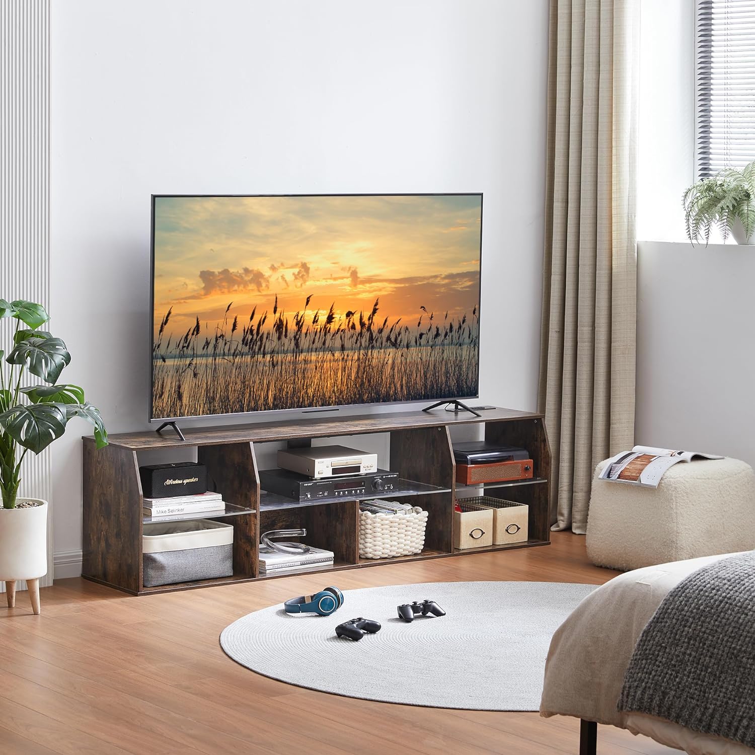 VECELO TV Stand with LED Strip & Power Outlets, Industrial Entertainment Center