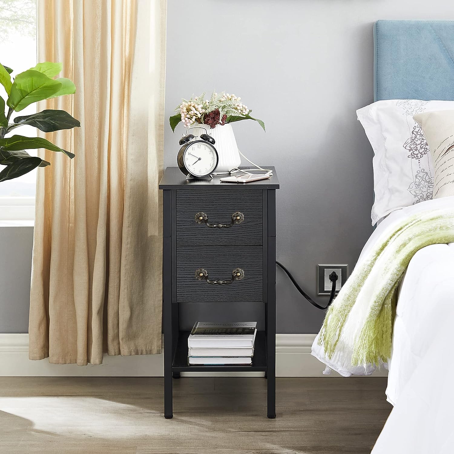 VECELO Tall End Table with Charging Station, Narrow Nightstands with 2 Drawers & USB Ports & Power Outlets
