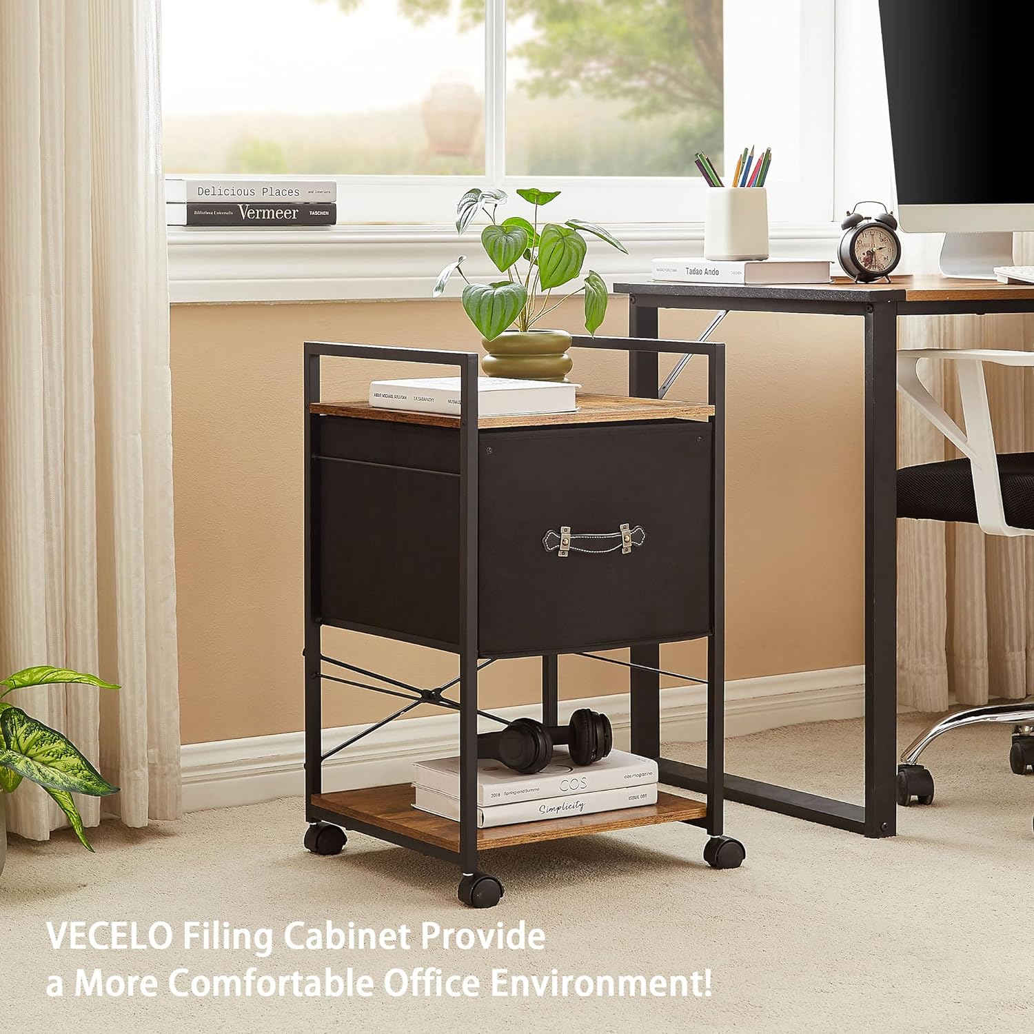 VECELO 3 Drawer Lateral File Cabinet, Rolling Printer Stand with Open