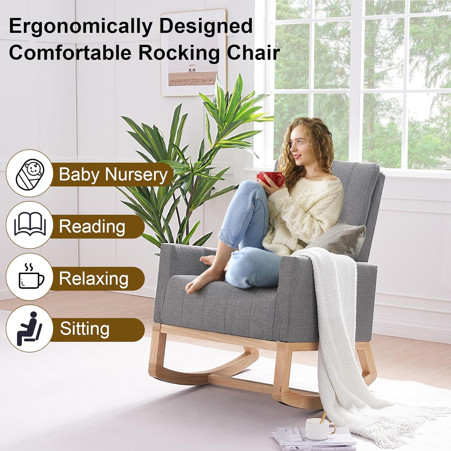 VECELO Rocking Chair Upholstered Nursery Glider Rocker High Backrest Comfy Armchair with Side Pocket and USB Port