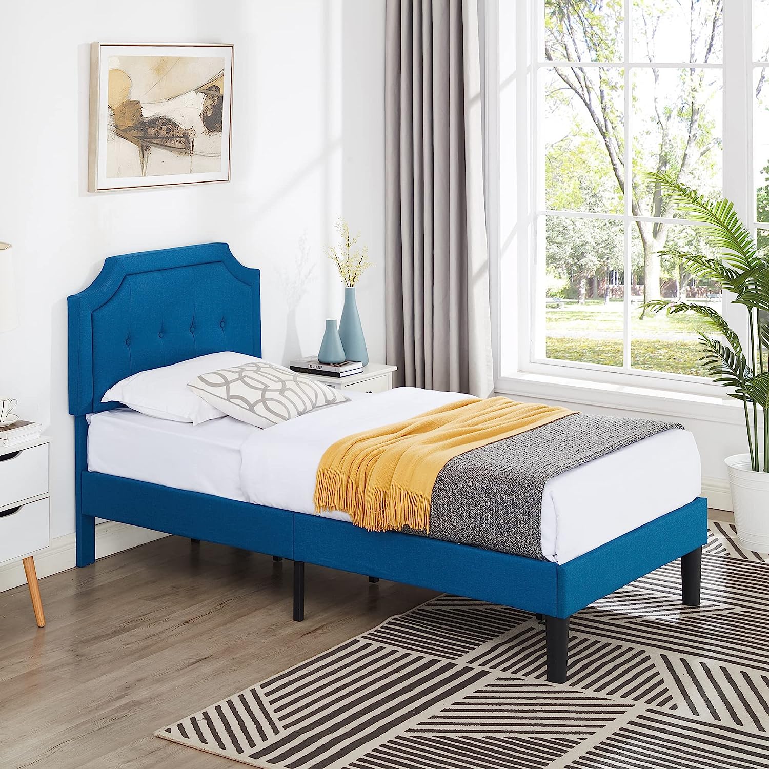 Premium Upholstered Platform Bed Diamond Stitched Panel Headboard