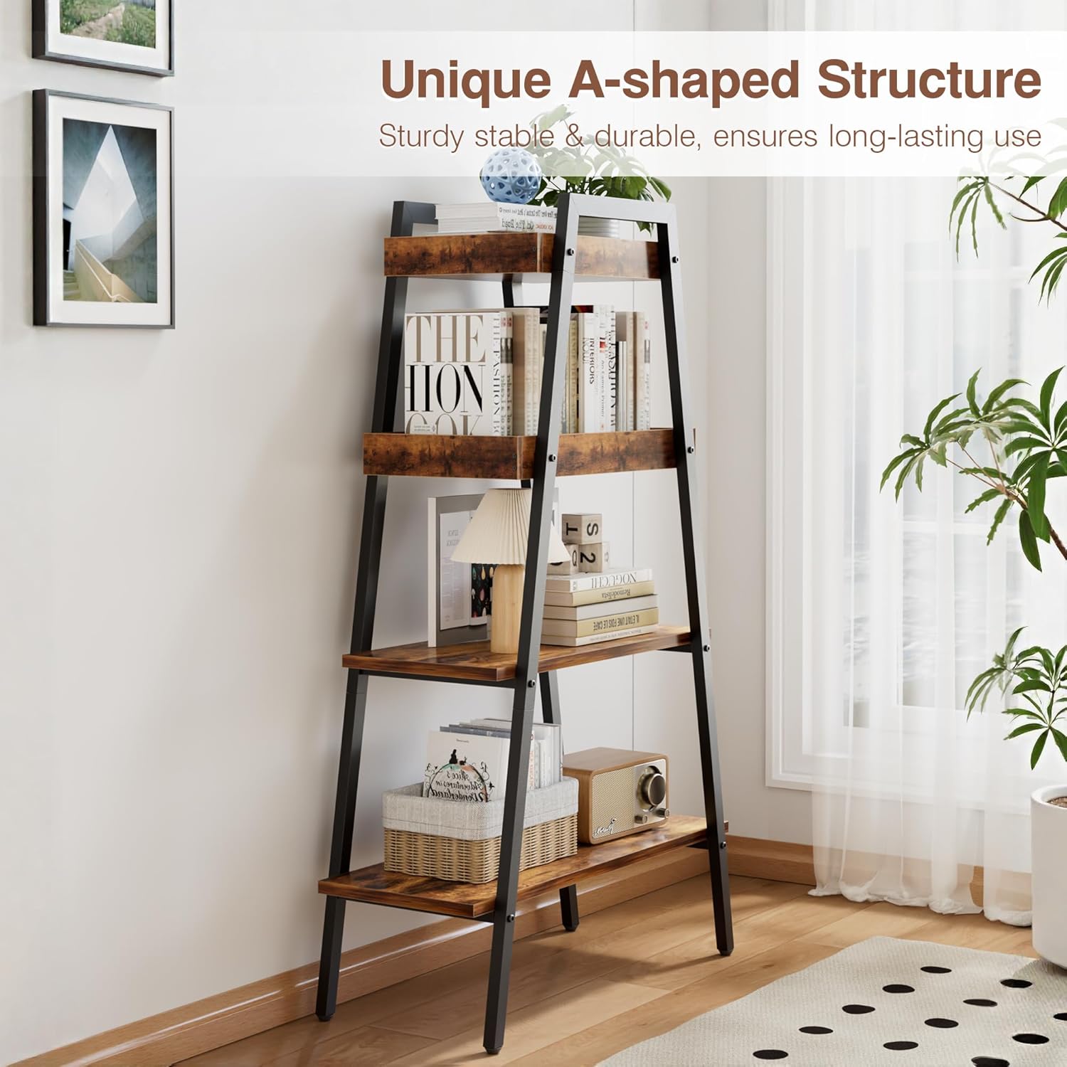 VECELO Ladder Shelf/Display Shelf 4 Tier Storage Bookcase Rack Wood & Steel