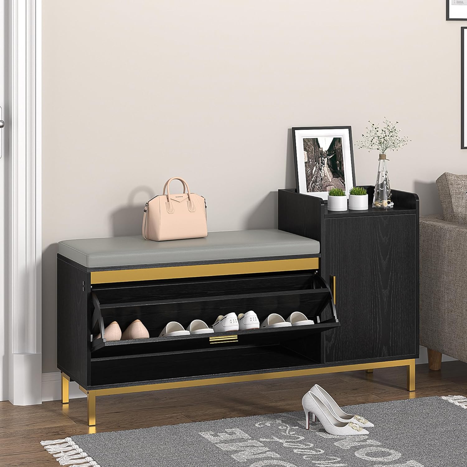 VECELO Shoe Storage Bench with Flip Drawers Entryway Cabinet with Removable Seat Cushion