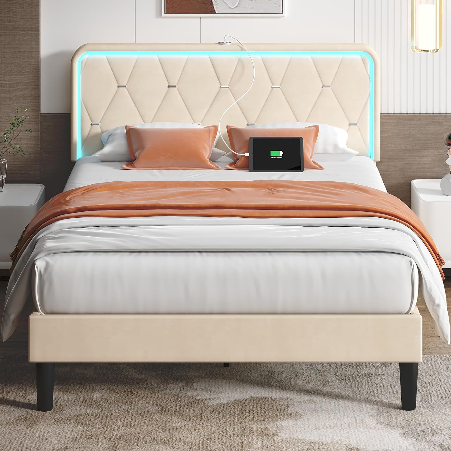 VECELO Upholstered Bed Frame with LED Lights, Charging Station, Velvet Platform Bed