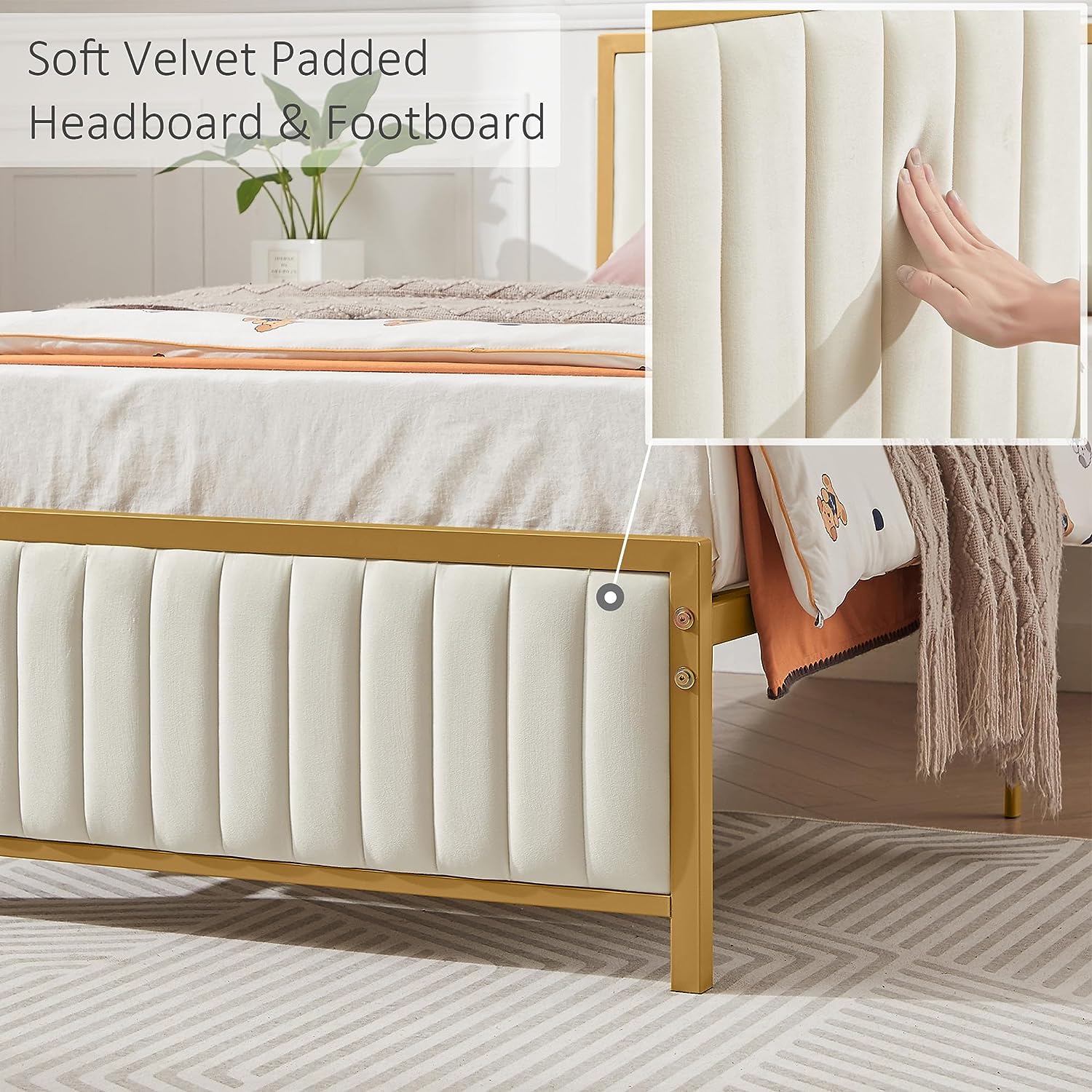 VECELO Bed Frame with Upholstered Tufted Headboard & Footboard, Heavy Duty Steel Slats Platform,Gold