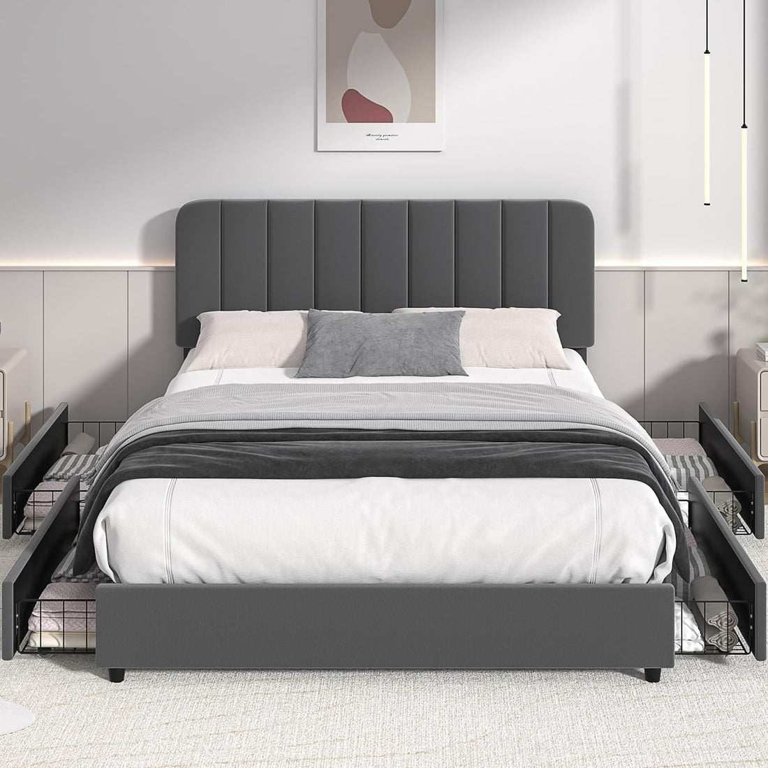 VECELO Upholstered Bed Frame with 4 Drawers and Adjustable Headboard