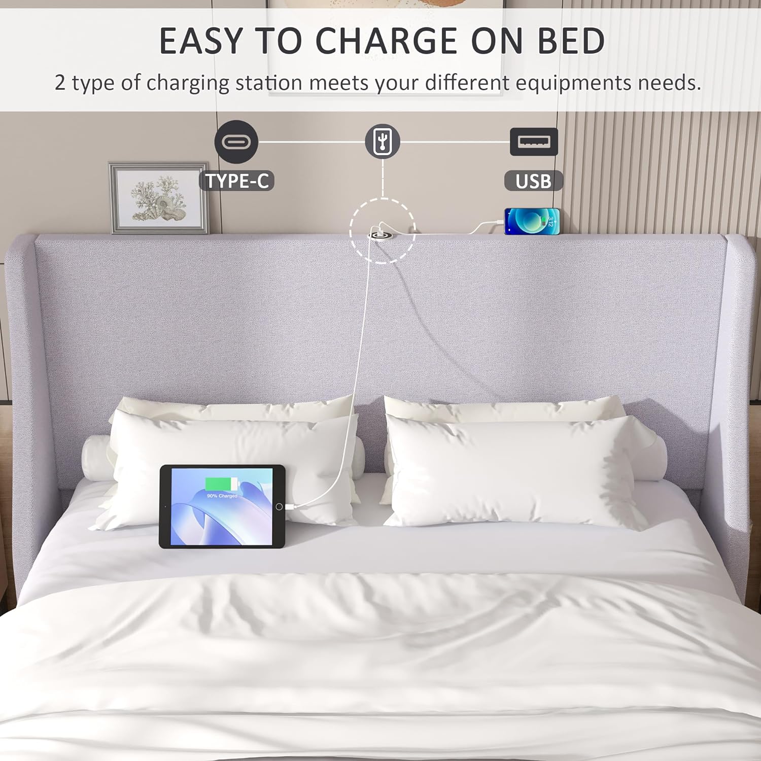 VECELO Bed Frame with Upholstered Wingback Headboard - VECELO