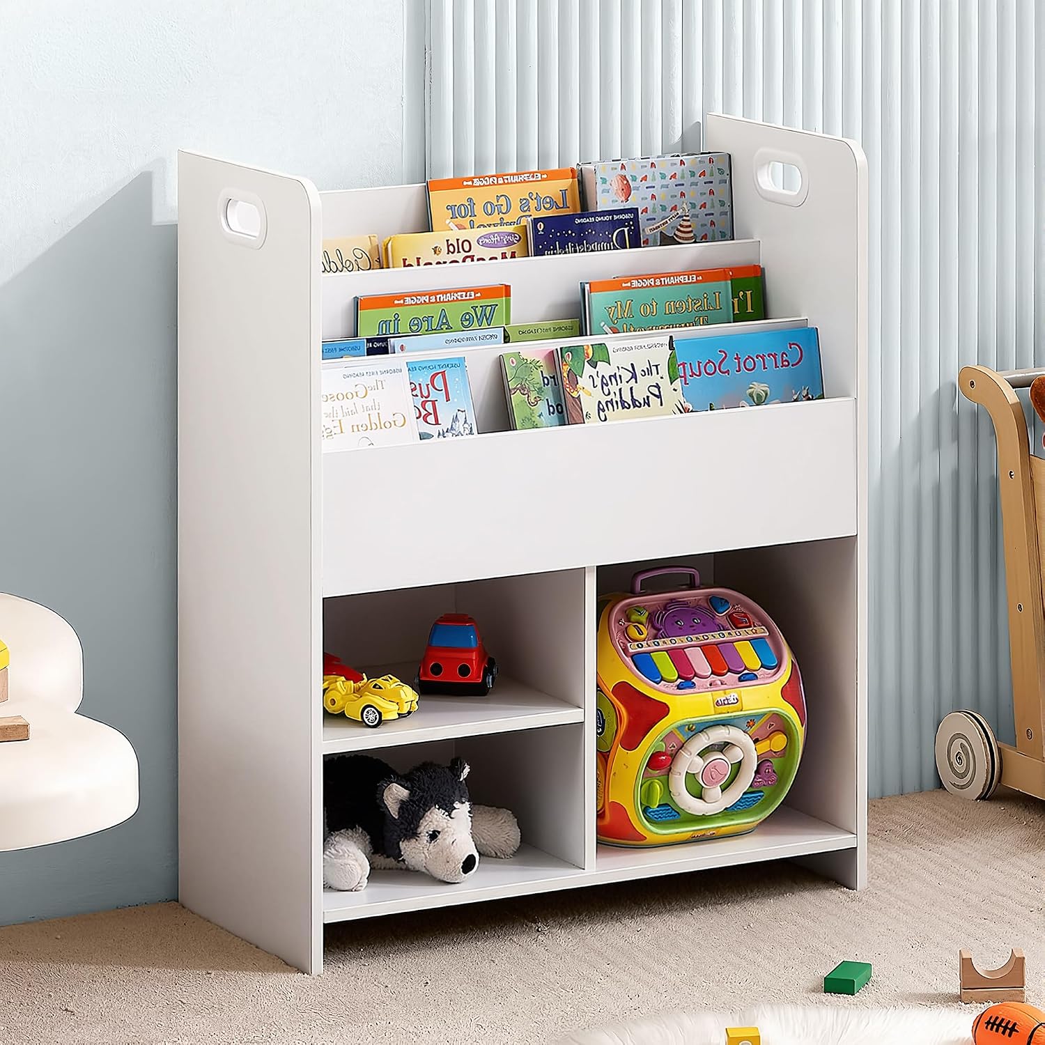 VECELO Kids Bookshelf & Toy Storage Organizer with Built-in Handles