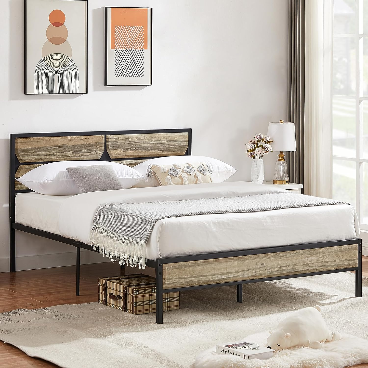 VECELO Metal Bed Frame Platform with Wooden Headboard&Footboard Mattress Foundation