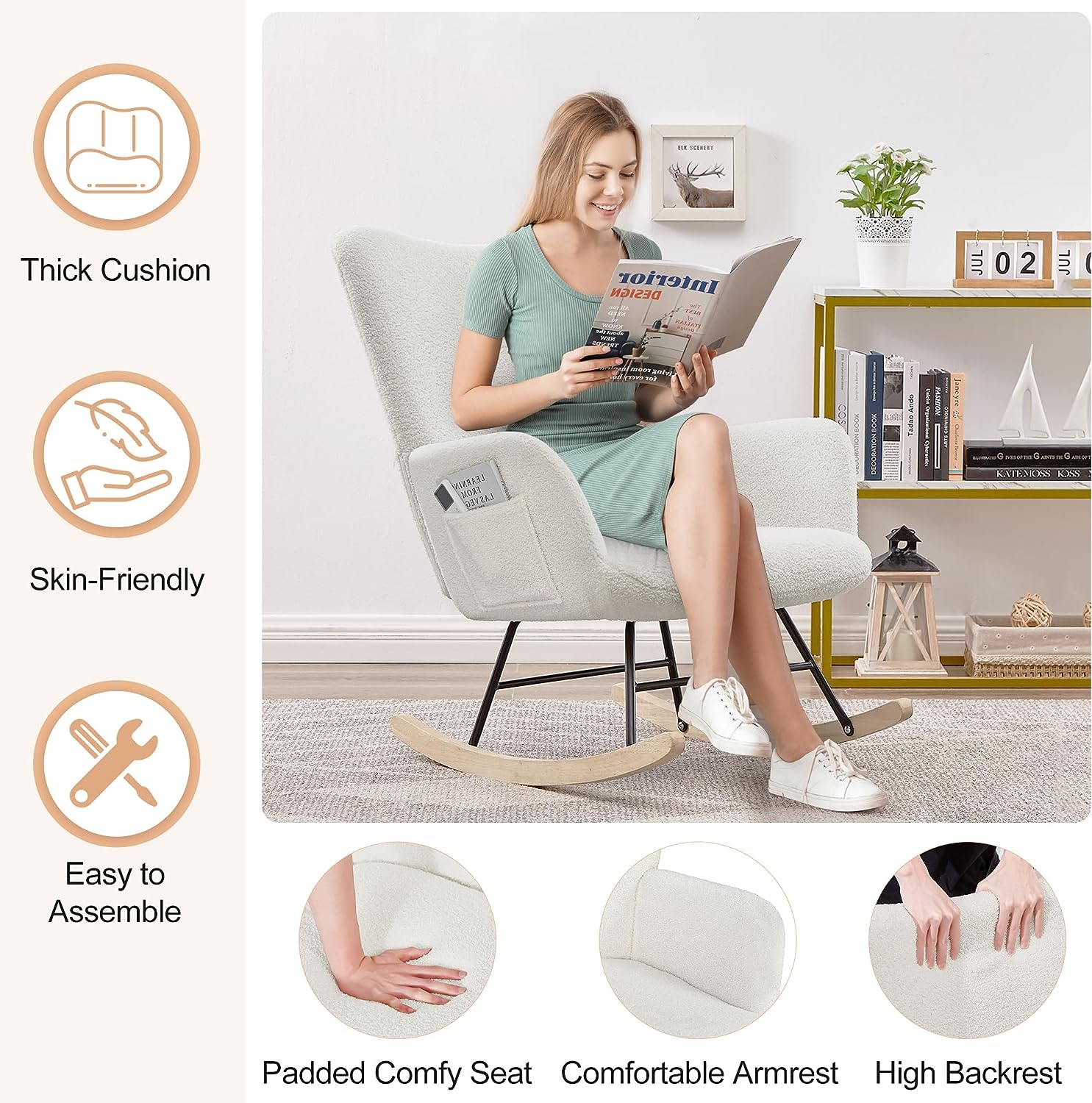 VECELO Rocking Chair, Modern Upholstered Teddy Fabric Nursery Glider with Padded Seat, High Backrest, Armchair and Pocket for Living Room Bedroom Balcony Offices