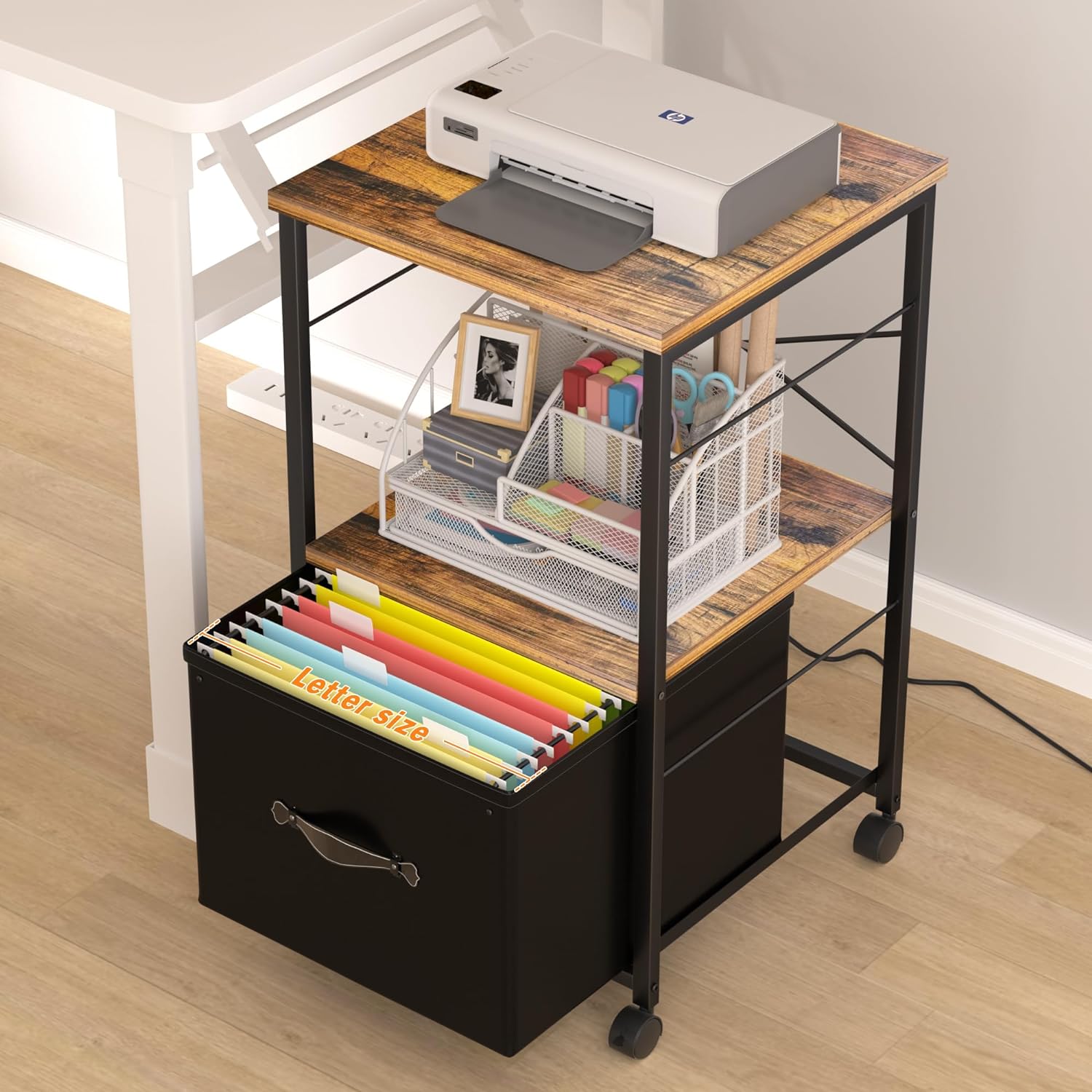 VECELO File Cabinet with Open Storage Shelf, Rolling Printer Stand with Large Fabric Drawer