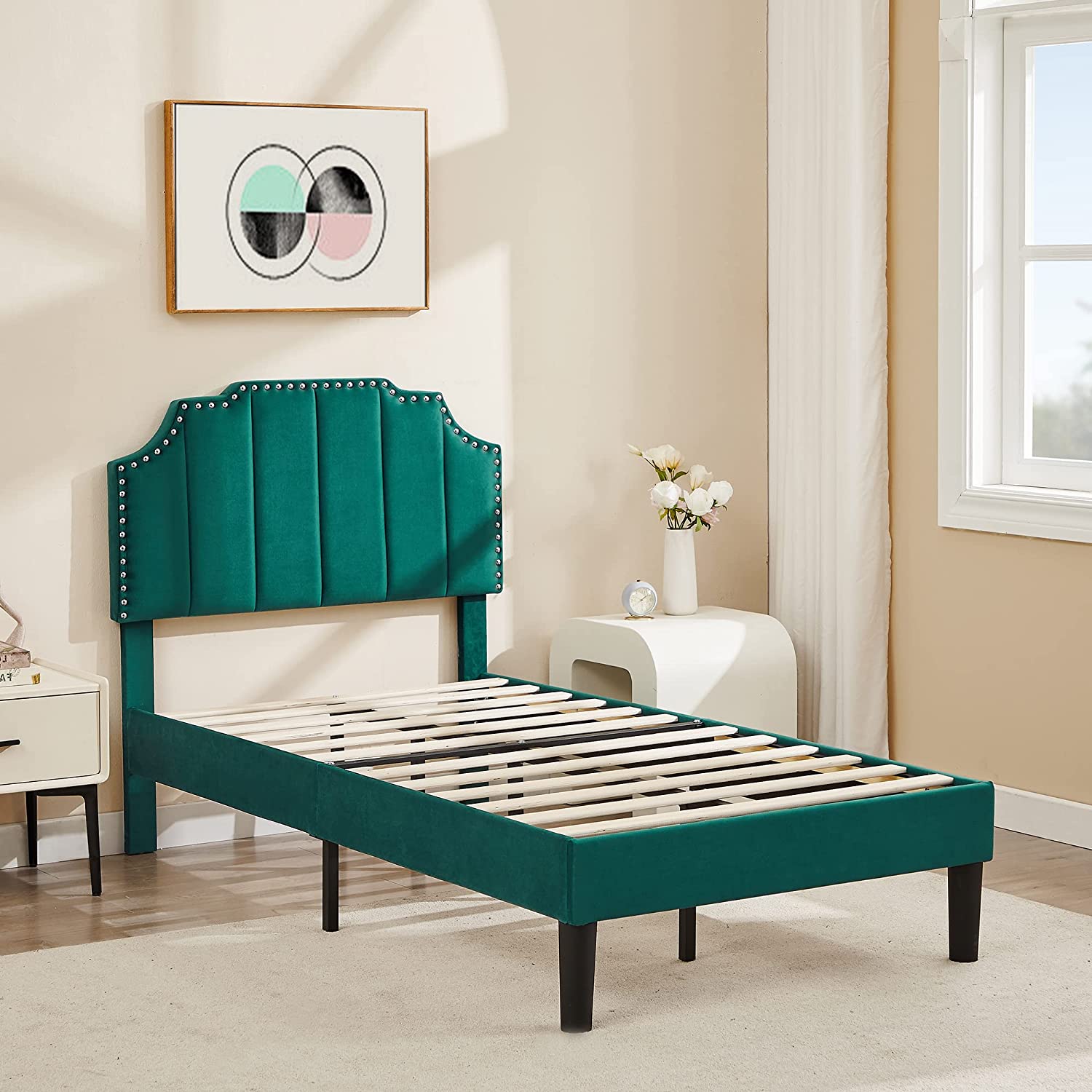 Upholstered Platform Bed Frame with Tufted Adjustable Headboard