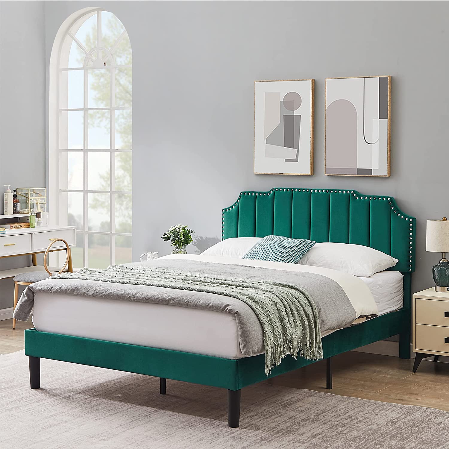 Upholstered Platform Bed Frame with Tufted Adjustable Headboard